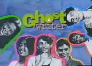 Ghostwriter logo: bright blue background with green text, surrounded by headshots of Lenni, Tina, Gaby, Alex, Jamal, and Rob