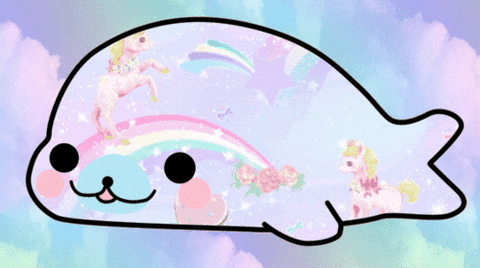 A cartooney gif image of a seal, filled with flashing pastel rainbow colors and patterns.
