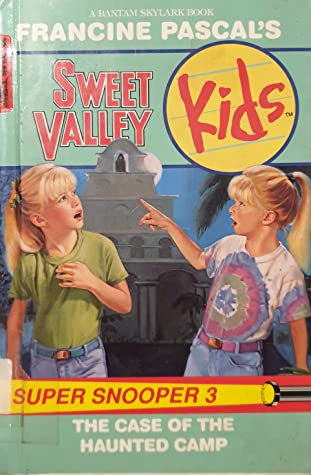 Cover of Sweet Valley Kids: The Case of the Haunted Camp.  Elizabeth and Jessica are facing the viewer, but their heads are turned toward the mission's bell tower in the background.  Liz is pointing at the window at the top.  They both look spooked.