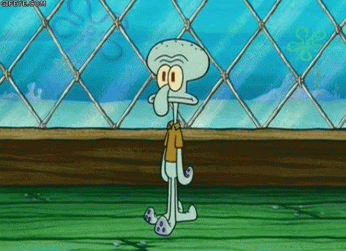 GIF image of Squidward, from Spongebob Squarepants, opening the top of his head to remove his brain, which he carries over to a trash can and drops inside.